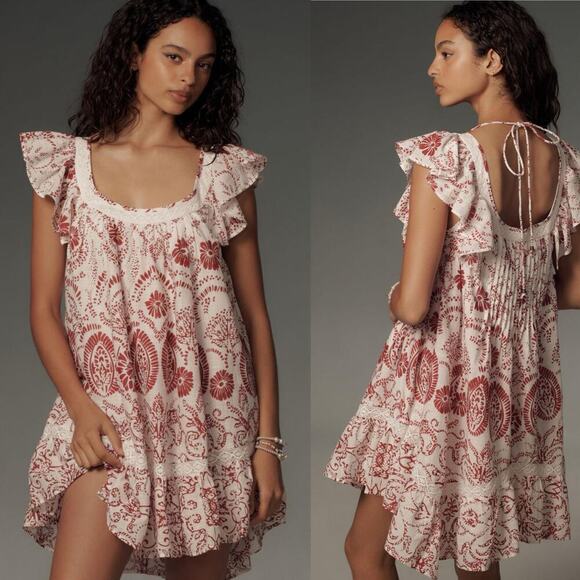 Maeve Dresses & Skirts - Maeve Flutter-Sleeve Babydoll Mini Dress Size Medium Red White Lace Floral